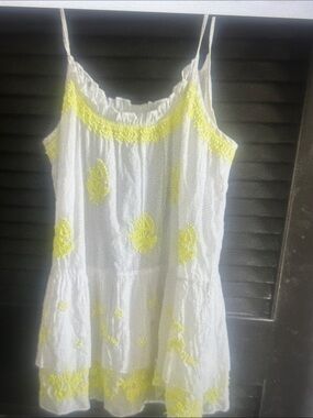 White & Yellow Embroidered Spaghetti-Strap Kids Dress by